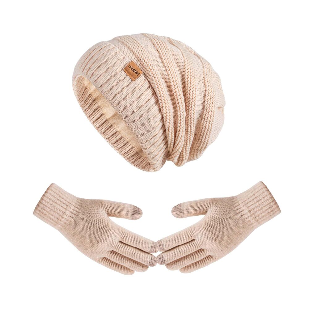 2119 Beanie Hat Gloves Set Fleece Lined Winter Warm Hat Knit Touchscreen